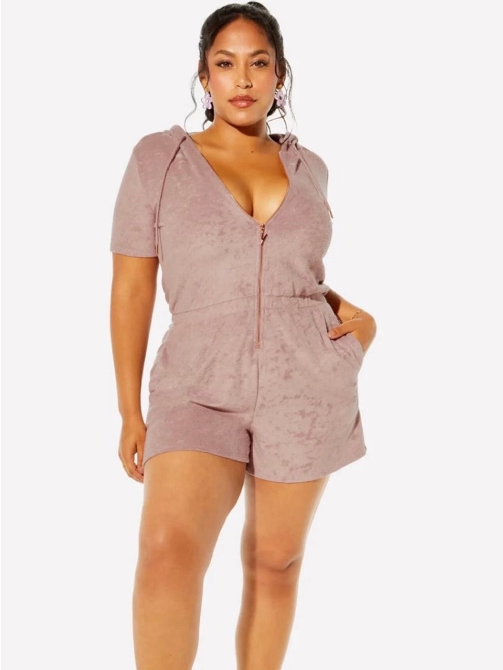 YITTY Dusty Pink Hooded Short Sleeve Jumpsuit XXL NWT Lounge Zip Front